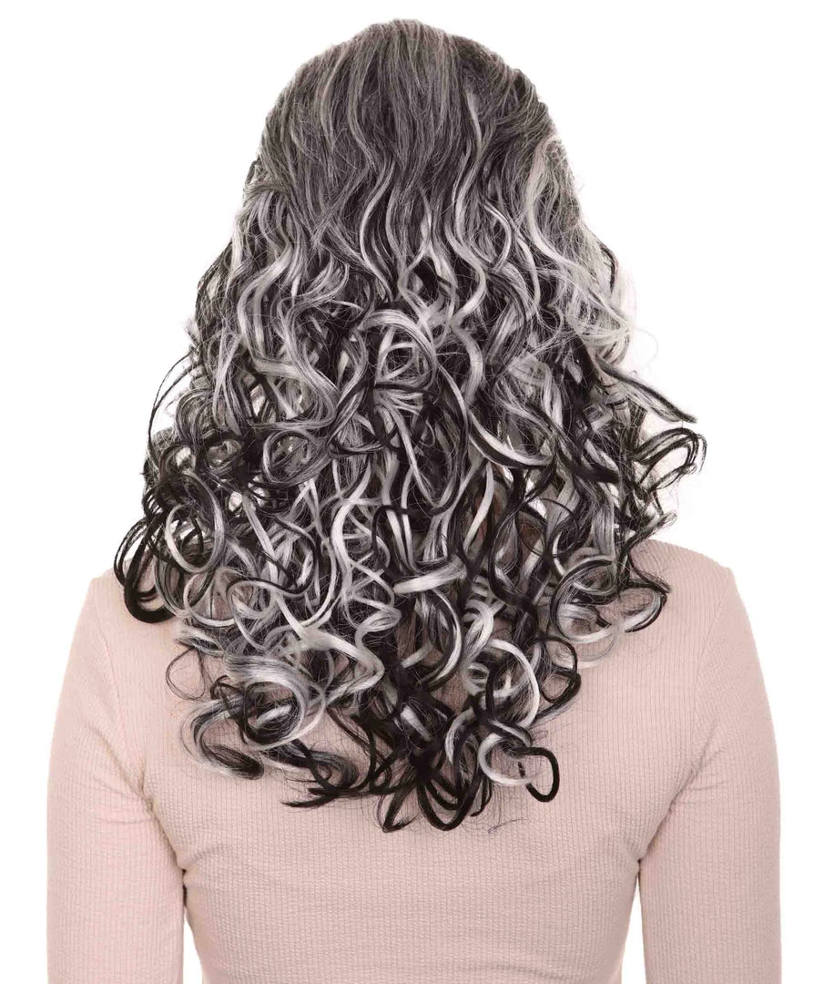 HPO Women's Wicked Witch Womens Wig | Black & White Curly Medium Wig | Premium Breathable Capless Cap