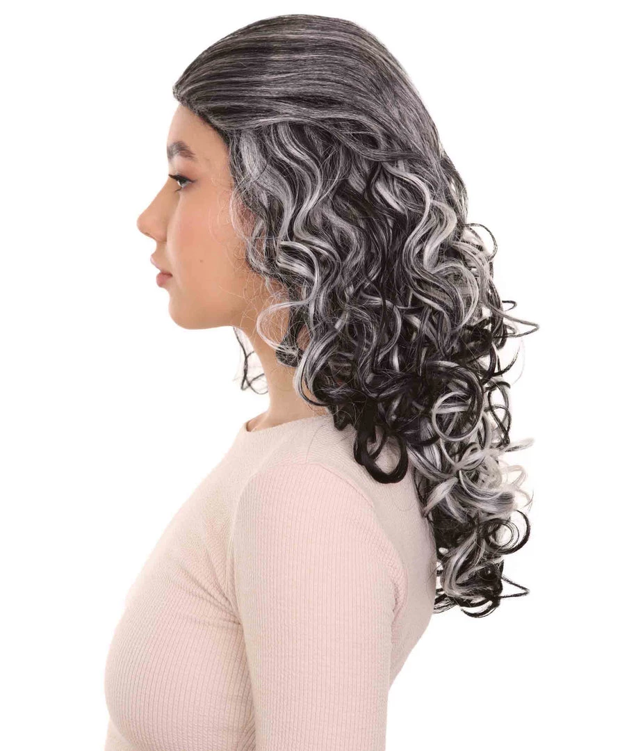 HPO Women's Wicked Witch Womens Wig | Black & White Curly Medium Wig | Premium Breathable Capless Cap