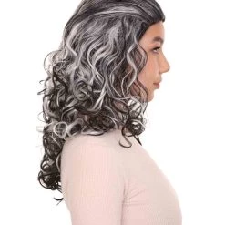 HPO Women's Wicked Witch Womens Wig | Black & White Curly Medium Wig | Premium Breathable Capless Cap