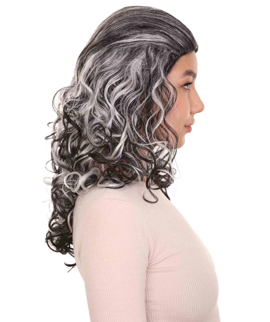 HPO Women's Wicked Witch Womens Wig | Black & White Curly Medium Wig | Premium Breathable Capless Cap
