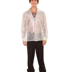 HPO Adult Men's 70's Disco Sequin Shirt Costume | White Vintage Cosplay Costume
