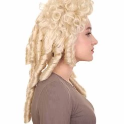 HPO Womens 18th Century Colonial Lady Curly Wig | Blonde Historical Wig | Premium Breathable Capess Cap