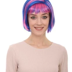HPO Womens Actress Wig | Blue And Pink Shinning Bob Wig | Premium Breathable Capless Cap