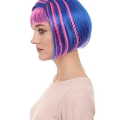 HPO Womens Actress Wig | Blue And Pink Shinning Bob Wig | Premium Breathable Capless Cap
