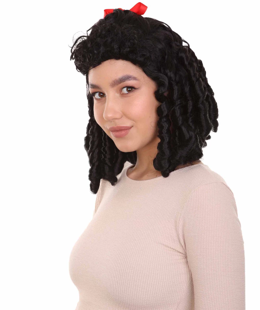 HPO Women's Womens 18th Century Colonial Lady Curly Wig | Black Historical Wig | Premium Breathable Capless Cap