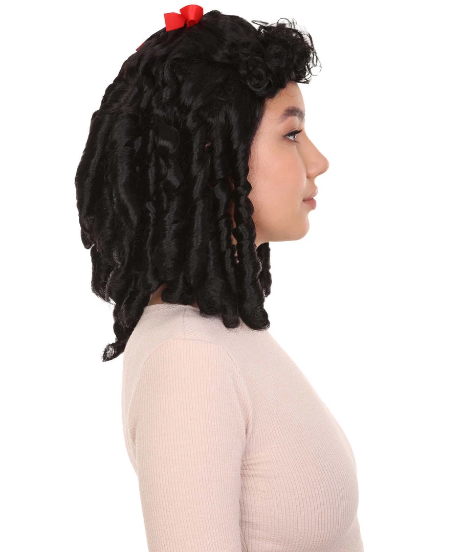 HPO Women's Womens 18th Century Colonial Lady Curly Wig | Black Historical Wig | Premium Breathable Capless Cap