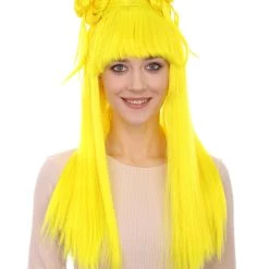 HPO Women's Neon Yellow Asian Princess Two Tied Horn Wig | Premium Breathable Capless Cap