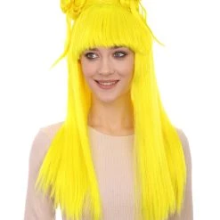 HPO Women's Neon Yellow Asian Princess Two Tied Horn Wig | Premium Breathable Capless Cap