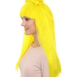 HPO Women's Neon Yellow Asian Princess Two Tied Horn Wig | Premium Breathable Capless Cap