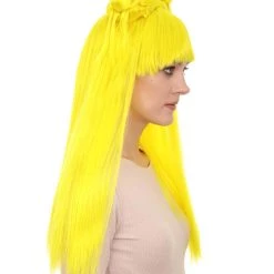 HPO Women's Neon Yellow Asian Princess Two Tied Horn Wig | Premium Breathable Capless Cap