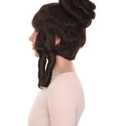 HPO Women's Womens Colonial Ladies 18th Century Curly Wig | Dark Brown Historical Wig | Premium Breathable Capless Cap