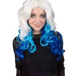 BC Adult Women's White Color With Blue Tips Wavy Medium Length Trendy Wig