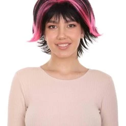 HPO Women's Short Pink & Black Wig | Party Ready Fancy Cosplay Halloween Wig | Premium Breathable Capless Cap