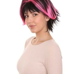 HPO Women's Short Pink & Black Wig | Party Ready Fancy Cosplay Halloween Wig | Premium Breathable Capless Cap