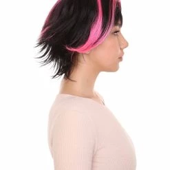 HPO Women's Short Pink & Black Wig | Party Ready Fancy Cosplay Halloween Wig | Premium Breathable Capless Cap
