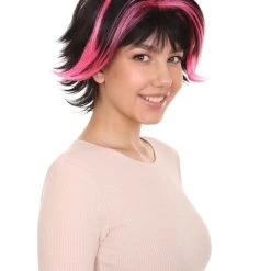 HPO Women's Short Pink & Black Wig | Party Ready Fancy Cosplay Halloween Wig | Premium Breathable Capless Cap