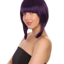 KOSMOS CW Women's Short 14' Unbalanced Bangs Purple Hero Rocker Girl Synthetic Anime Wig - Capless Cap Heat Resistant Fibers - Unconventional Bob Style