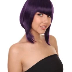 KOSMOS CW Women's Short 14' Unbalanced Bangs Purple Hero Rocker Girl Synthetic Anime Wig - Capless Cap Heat Resistant Fibers - Unconventional Bob Style