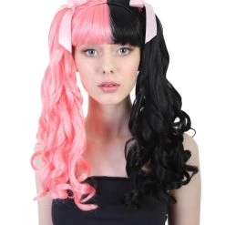 HPO Singer Womens Ponytail Wig W/ Pink Ribbons | Pink & Black Celebrity Wig | Premium Breathable Capless Cap