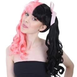 HPO Singer Womens Ponytail Wig W/ Pink Ribbons | Pink & Black Celebrity Wig | Premium Breathable Capless Cap