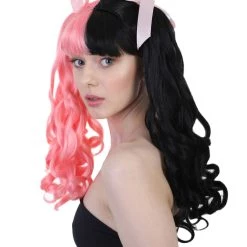 HPO Singer Womens Ponytail Wig W/ Pink Ribbons | Pink & Black Celebrity Wig | Premium Breathable Capless Cap