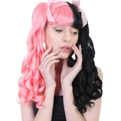 HPO Singer Womens Ponytail Wig W/ Pink Ribbons | Pink & Black Celebrity Wig | Premium Breathable Capless Cap