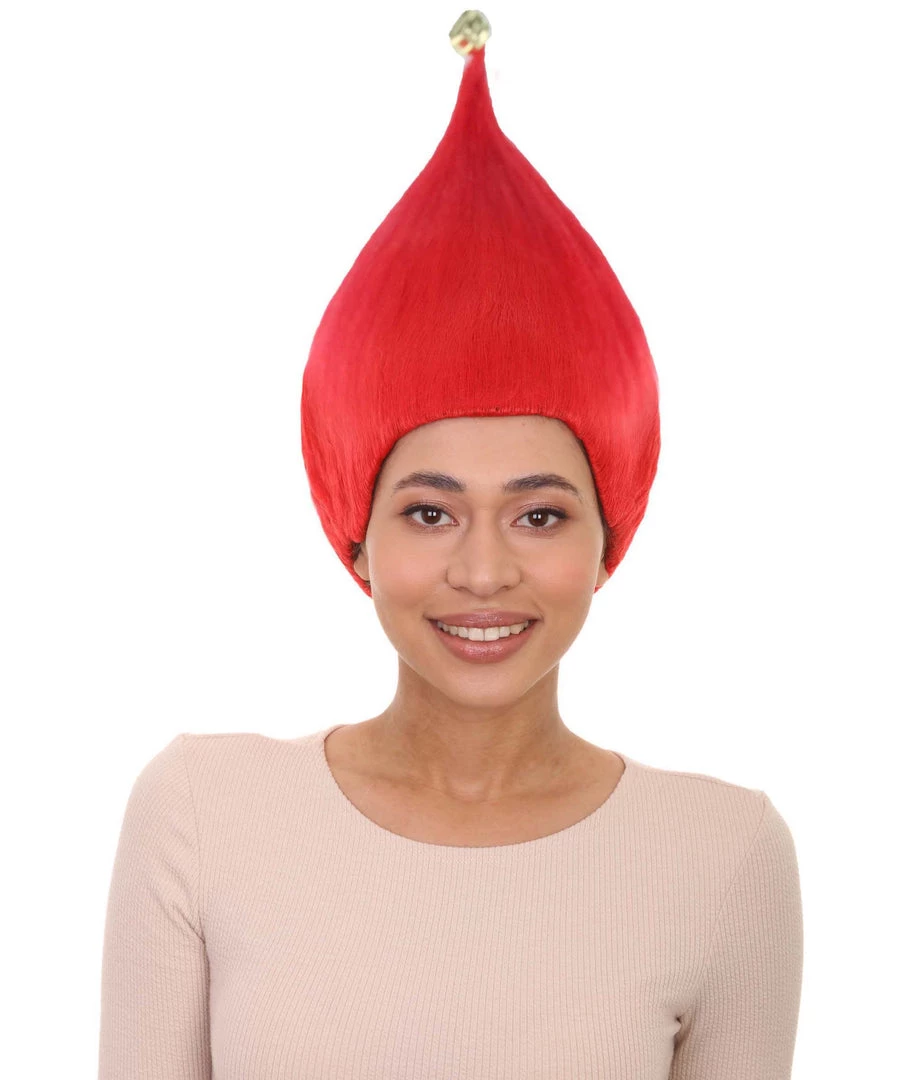 HPO Women's Bright Red Elf Wig W/ Bell | Christmas Wigs | Premium Breathable Capless Cap