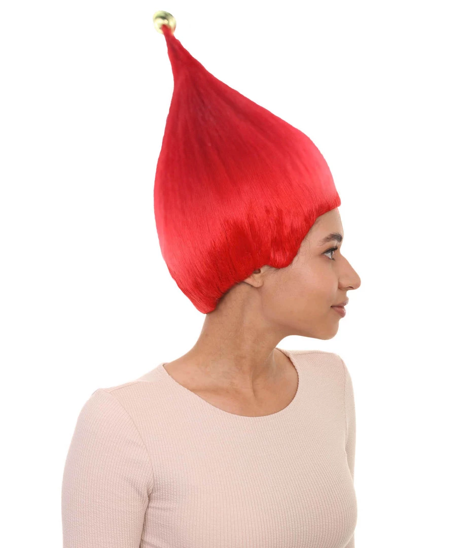HPO Women's Bright Red Elf Wig W/ Bell | Christmas Wigs | Premium Breathable Capless Cap