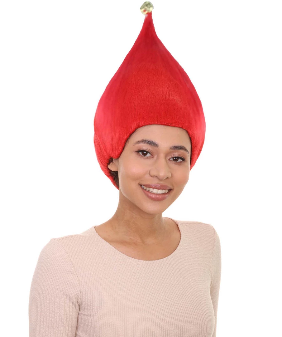 HPO Women's Bright Red Elf Wig W/ Bell | Christmas Wigs | Premium Breathable Capless Cap