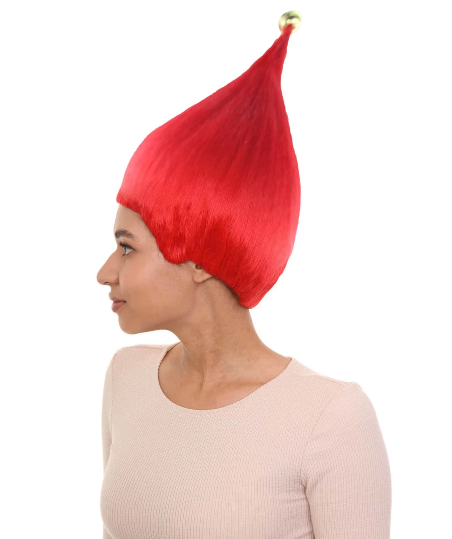 HPO Women's Bright Red Elf Wig W/ Bell | Christmas Wigs | Premium Breathable Capless Cap