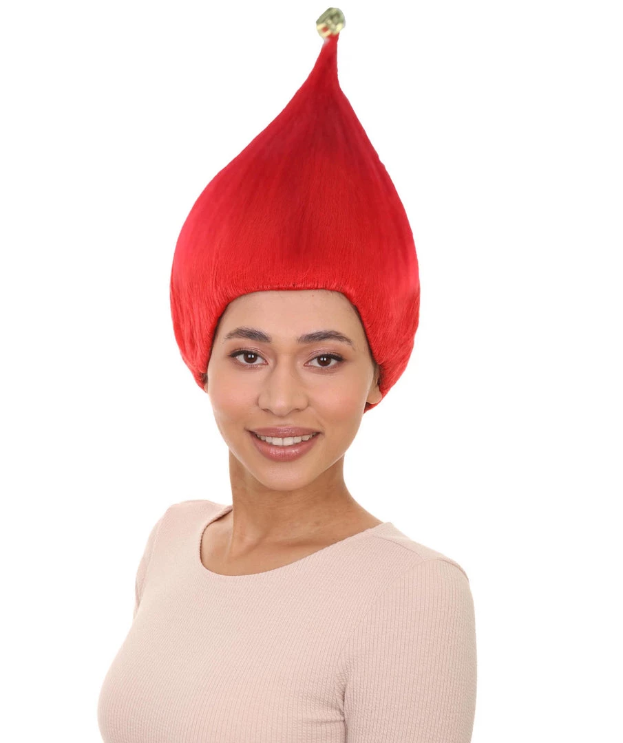 HPO Women's Bright Red Elf Wig W/ Bell | Christmas Wigs | Premium Breathable Capless Cap