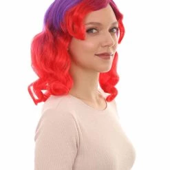 HPO Womens Long Wavy Two-tone Wig | Purple & Red Colorful Wigs | Premium Breathable Capless Cap