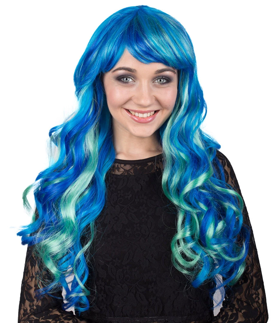 BC Women's Teal Blue Color Wavy Long Length Trendy Aquatic Beauty Wig