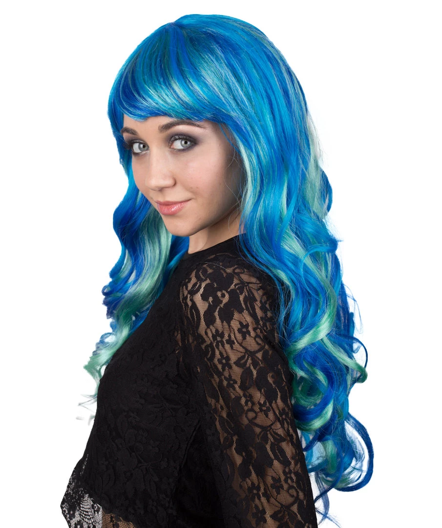 BC Women's Teal Blue Color Wavy Long Length Trendy Aquatic Beauty Wig