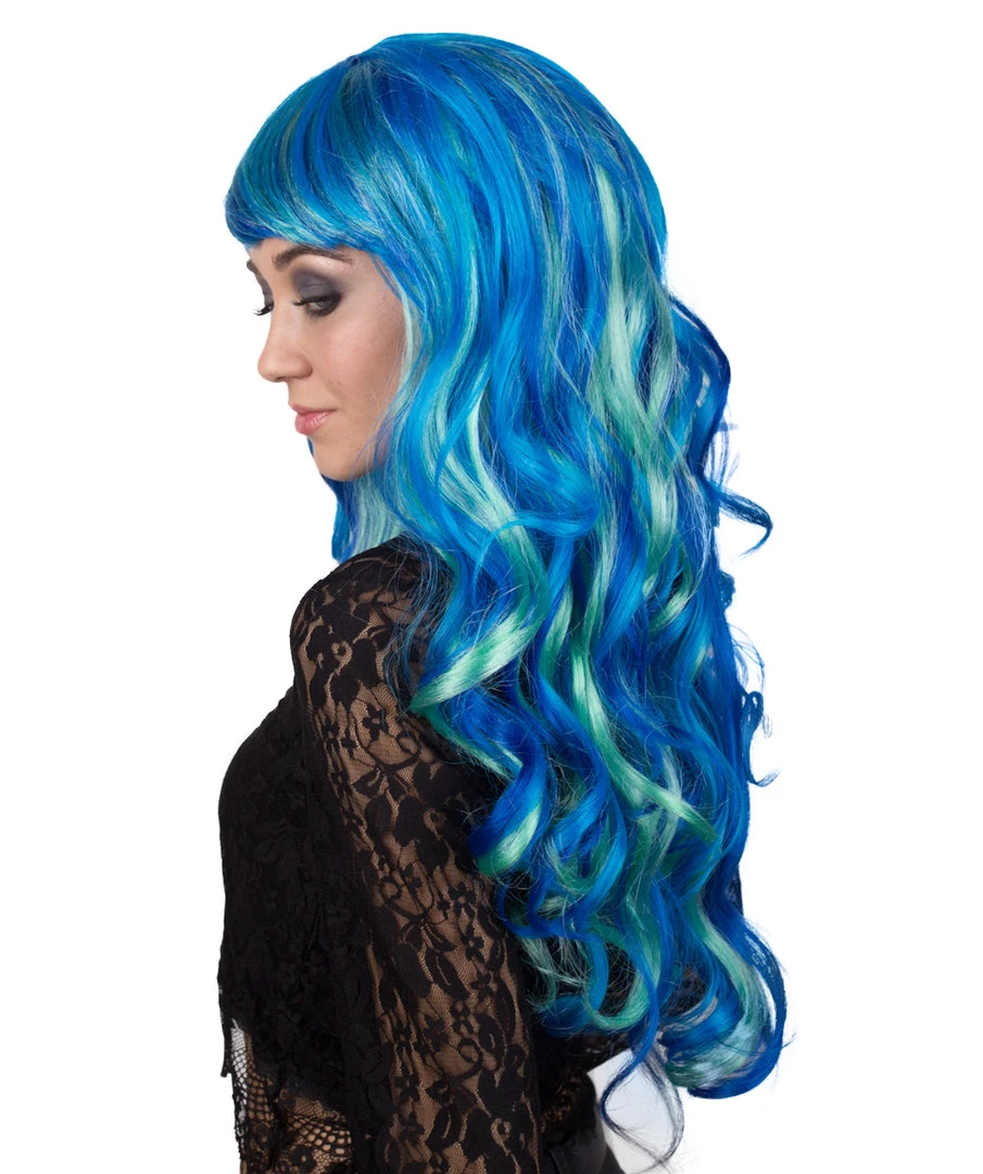 BC Women's Teal Blue Color Wavy Long Length Trendy Aquatic Beauty Wig