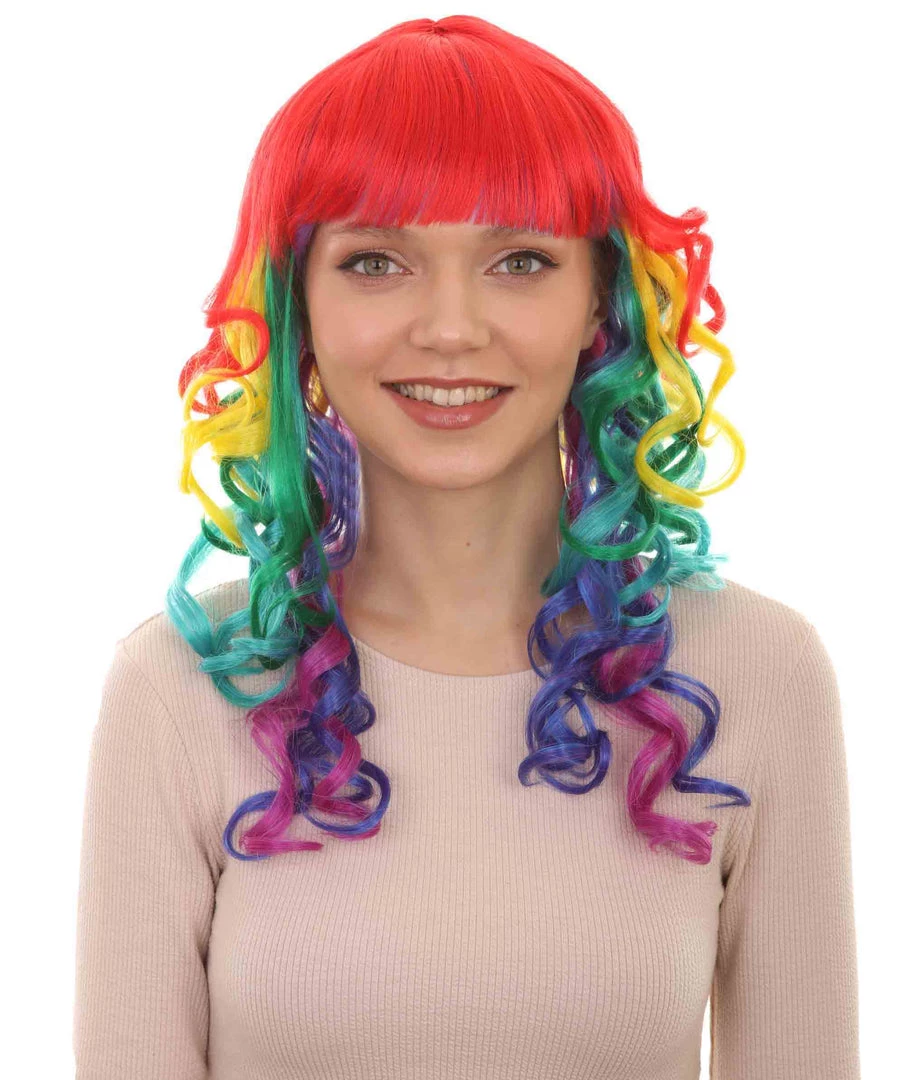 HPO Womens Rainbow Long Curly Colorful Wig | Clown Rainbow Wigs | Premium Breathable Capless Cap