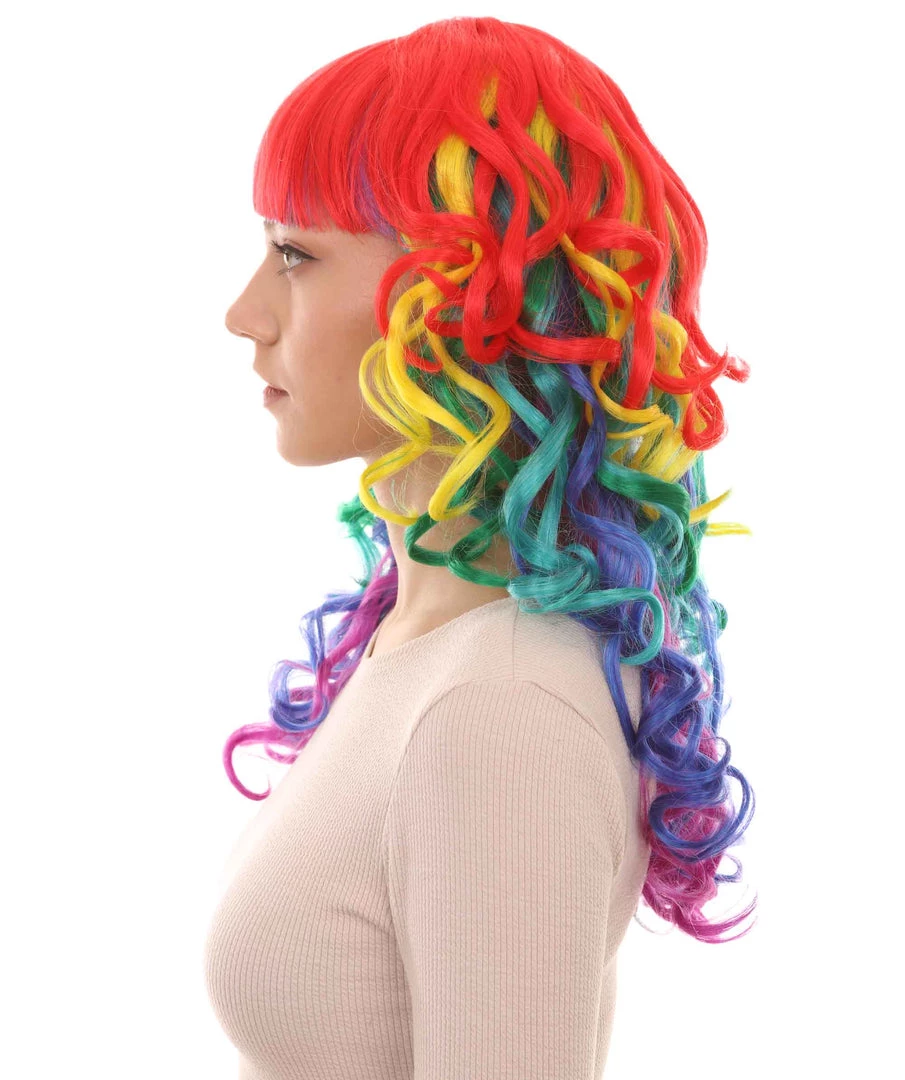 HPO Womens Rainbow Long Curly Colorful Wig | Clown Rainbow Wigs | Premium Breathable Capless Cap