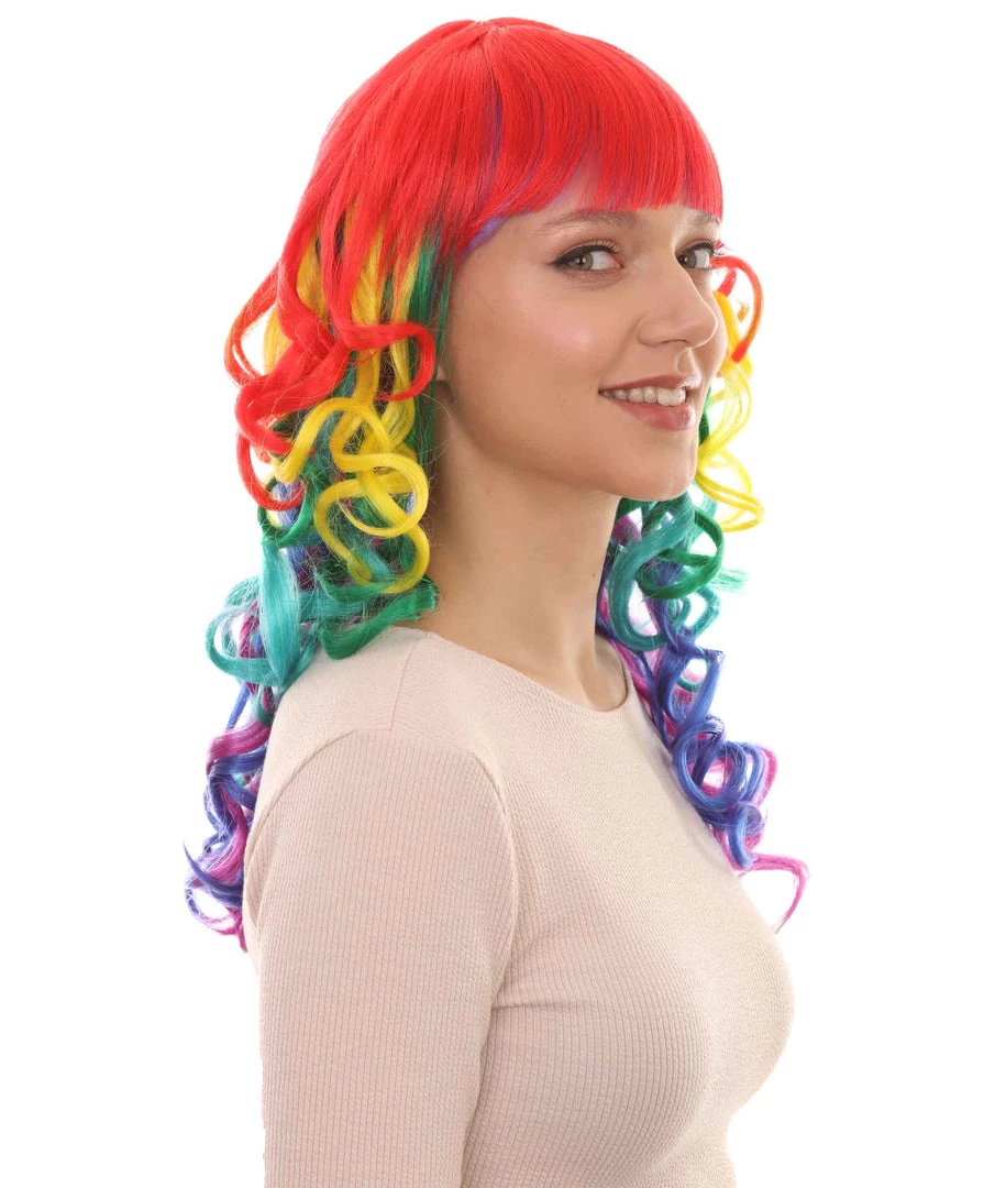 HPO Womens Rainbow Long Curly Colorful Wig | Clown Rainbow Wigs | Premium Breathable Capless Cap