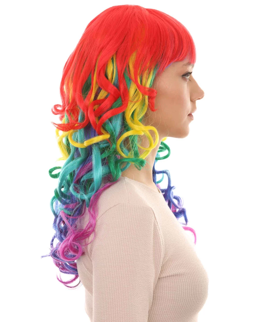 HPO Womens Rainbow Long Curly Colorful Wig | Clown Rainbow Wigs | Premium Breathable Capless Cap