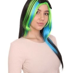 HPO Bewitching Blue Mixed Womens Wig | Farm Girl Black Blue Green Cosplay Halloween Wig | Premium Breathable Capless Cap Women's