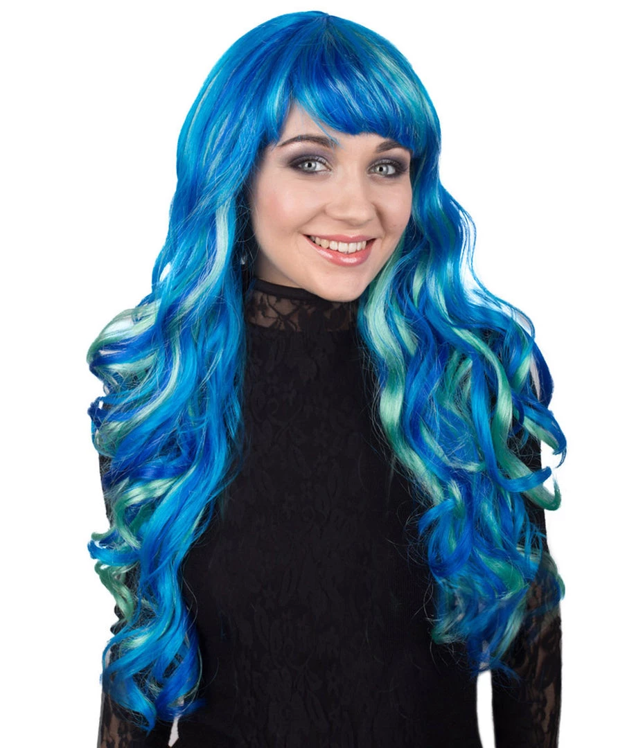 BC Women's Teal Blue Color Wavy Long Length Trendy Aquatic Beauty Wig