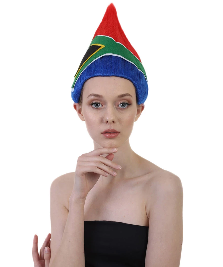 FLAGWIGS Women's South Africa Flag Troll Wig | National Pride Multicolor Sport Wig | Premium Breathable Capless Cap