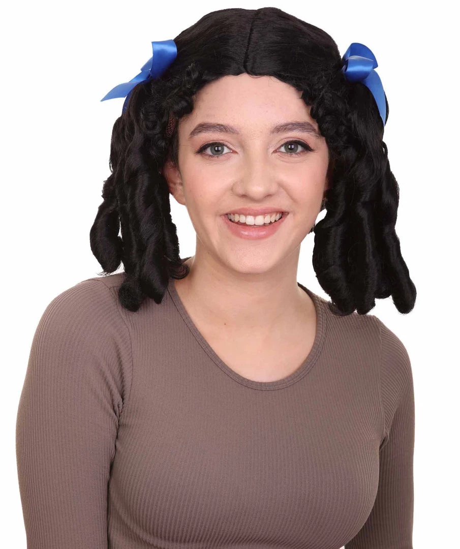 HPO Womens 18th Century Colonial Lady Wig | Black Historical Wigs | Premium Breathable Capless Cap