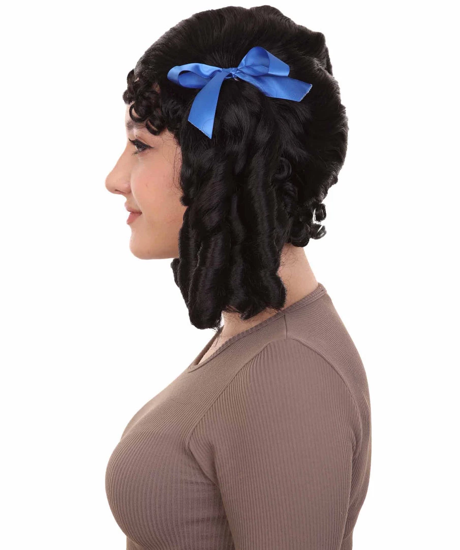 HPO Womens 18th Century Colonial Lady Wig | Black Historical Wigs | Premium Breathable Capless Cap