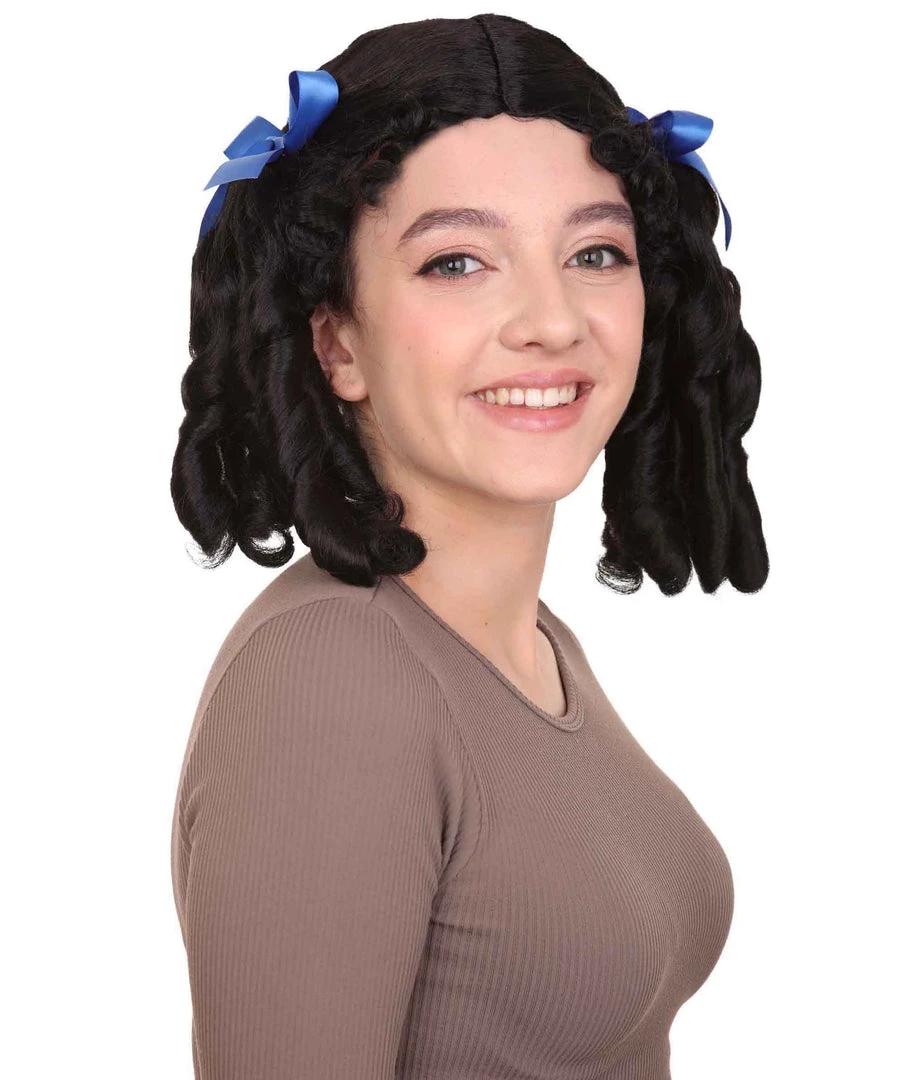 HPO Womens 18th Century Colonial Lady Wig | Black Historical Wigs | Premium Breathable Capless Cap