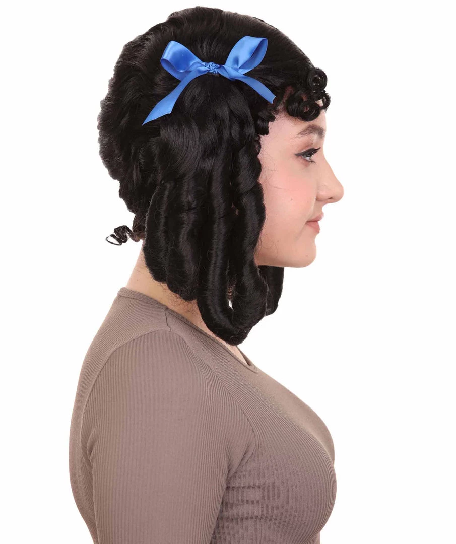 HPO Womens 18th Century Colonial Lady Wig | Black Historical Wigs | Premium Breathable Capless Cap