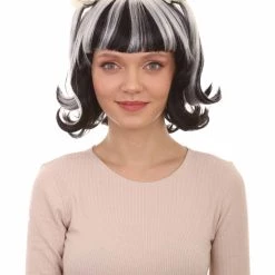 HPO Womens Gothic Pigtail Ghost Witch Bride Zombie Wig With Rose | Two Tones Black And Grey Scary Wigs | Premium Breathable Capless Cap Women's