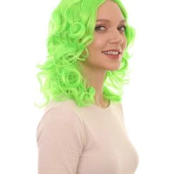 HPO Womens Neon Green Curly Wave Wig | Green Neon Wigs | Premium Breathable Capless Cap