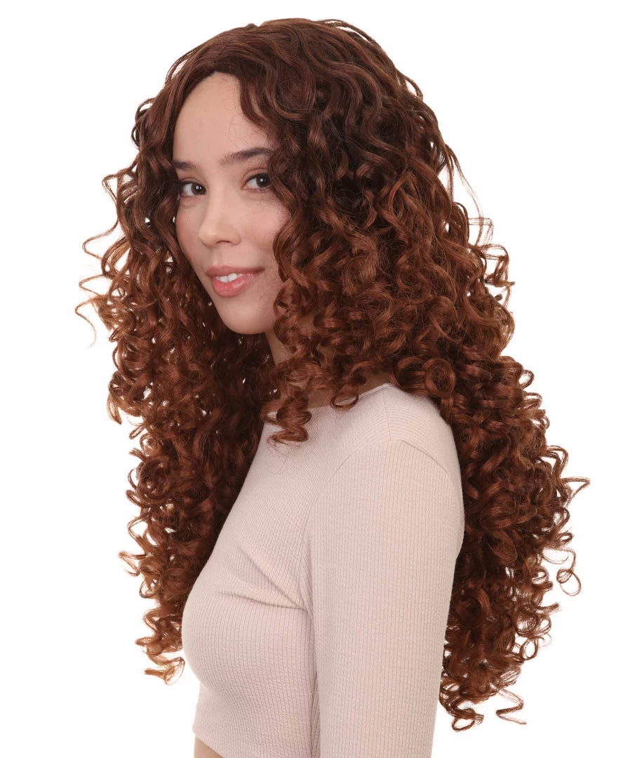 HPO Women's Womens Brown Long Curly Wig Song Contest 2018 | Celebrity Wigs | Premium Breathable Capless Cap