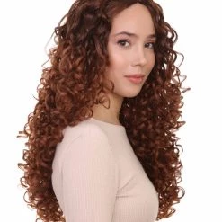 HPO Women's Womens Brown Long Curly Wig Song Contest 2018 | Celebrity Wigs | Premium Breathable Capless Cap